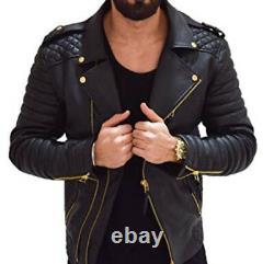 Homme Real Lambskin Leather Jacket Biker Motorcycle Style Slim Fit Black Outfit