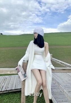 Knit Mohair Style Blanc Jupe Réservoir Top Cardigan Veste Costume Costume Ensemble 3 Pcs