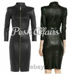Lambskin Leather Dress Black Golden Zipper Dress MID Length Slim Fit Sexy Outfit