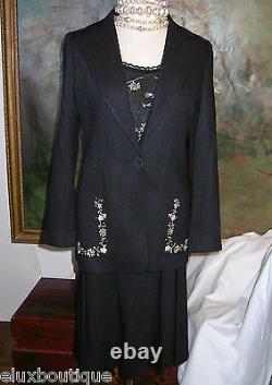 Luca Luca Jupe Suit 3pc Black Cashmere Silk Ensemble Camisole Veste Outfit Nouveau