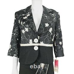New Fee G Black Floral Embroidered Jacket Jupe Outfit Sz 16 Linen Blend