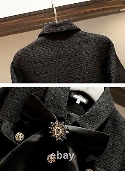 Noir Tweed Franged Or Bouton Jupe Blazer Veste Costume Ensemble Tenue Lux Chic