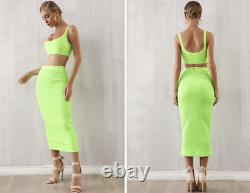 Nouveau Designer Couture Bright Lime Green Bandage Set Co-ord Skirt & Top Set Outfit
