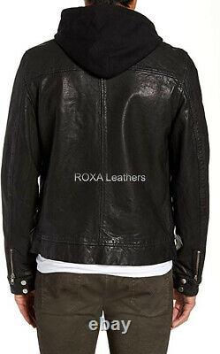 Nouveau Patent Men Authentic Sheepskin Pure Leather Black Hooded Outfit Biker Jacket