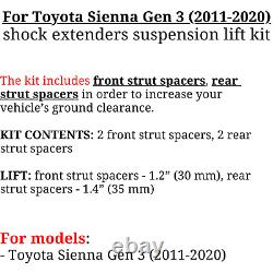Pour Toyota Sienna, kit de rehaussement de suspension avec entretoises d'amortisseur avant et arrière.