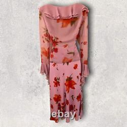 Tenue spéciale d'occasion en mousseline de soie rose longue avec motif floral, taille UK 12, US 8, EU 40, BNW.