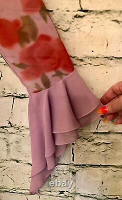 Tenue spéciale d'occasion en mousseline de soie rose longue avec motif floral, taille UK 12, US 8, EU 40, BNW.