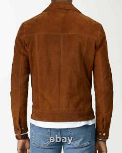 Trendy Outfit Men's Sheepskin Suede Veste En Cuir Biker Tan Zip Up Premium Coat