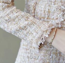 Tweed Beige Blanc Plaid Franged Gaine Robe Blazer Veste Costume Ensemble