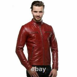 Veste En Cuir Véritable Rouge Profond Pour Homme Pure Lambskin Biker Manteau Étonnant Style Outfit