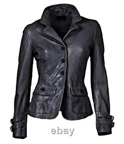 Veste en cuir noir pour femmes en véritable peau d'agneau, style motard moto blazer manteau.
